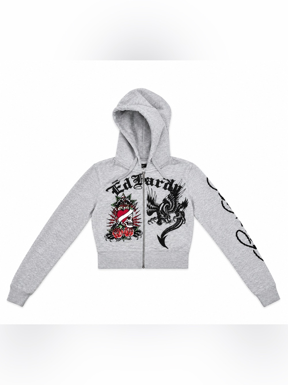 Ed Hardy Grey Zip Hoodie with Tattoo-Inspired Graphic